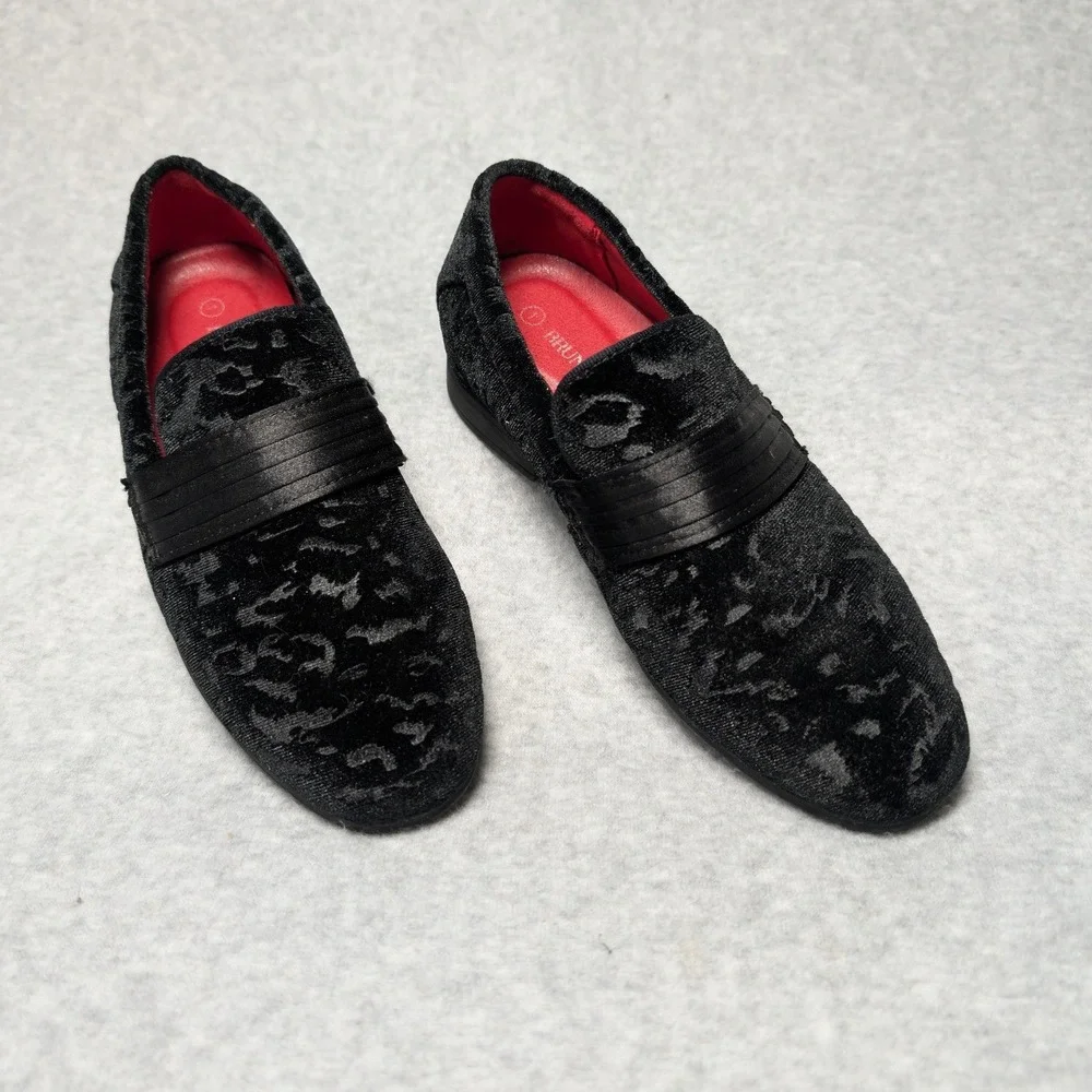Bruno Marc Boys Black Velvet Damask Loafers Formal Dress‎ Shoes Size 1 Slip On